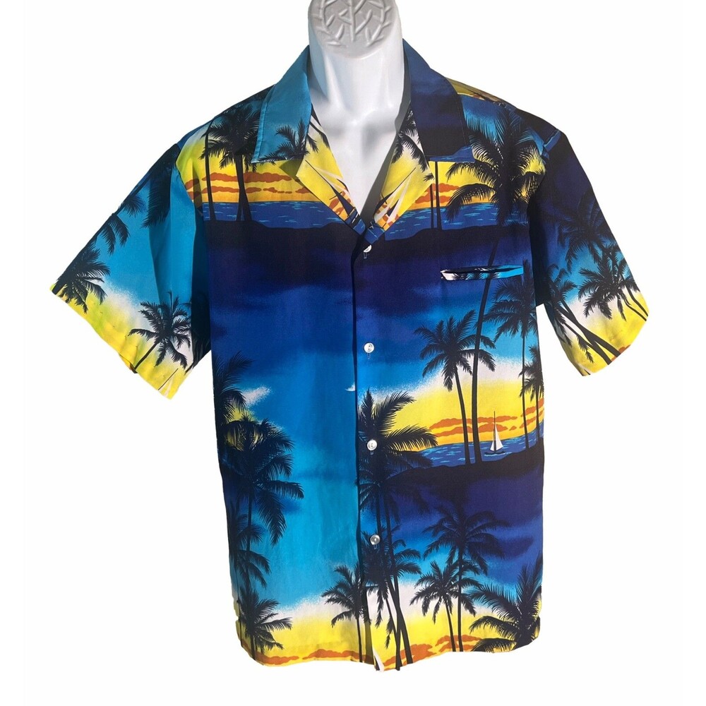 SHORELINE HAWAII Men's Short Sleeve Button Down Sunset Shirt Polyester Large‎